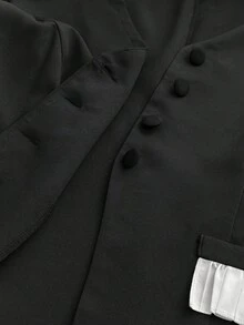 Maweii 2 件套女式 V 领拼布修身手帕下摆西装外套和褶皱长裤，优雅办公室通勤装，加大码 - 黑與白 - 查看 8