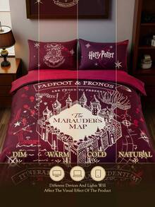 HARRY POTTER X SHEIN 3pcs Marauder's Map Print Bedding Set, Brushed Material, Soft & Warm, Red Duvet Cover, Suitable For Twin/Full/Queen/King Size Bed