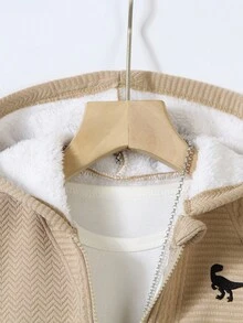 SHEIN Genkimix Kids 2 件套可爱卡通印花拉链连帽衫和慢跑裤套装，休闲街头服饰，舒适秋冬 - 杏色 - 查看 3