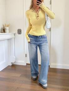 SHEIN EZwear 黄色针织蕾丝拼布女式针织毛衣 - 黃色 - 查看 6