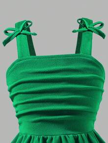 Girls Elegant Solid Color 3D Bow Shoulder Ruffle Strap Dress, Suitable For Outings, Parties And Events, Spring/Summer - Green - View 5