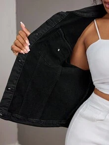 SHEIN SXY Áo khoác denim dài tay màu trơn cỡ lớn dành cho nữ, kiểu dáng thường ngày, thích hợp cho mùa đông. - màu đen - Xem 9