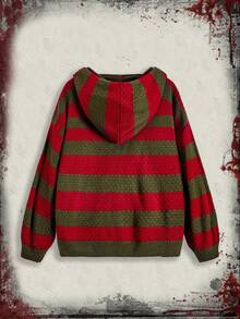 A Nightmare on Elm Street X ROMWE 女式拼色条纹和字母刺绣图案抽绳连帽拉链开衫 - 彩色 - 查看 2