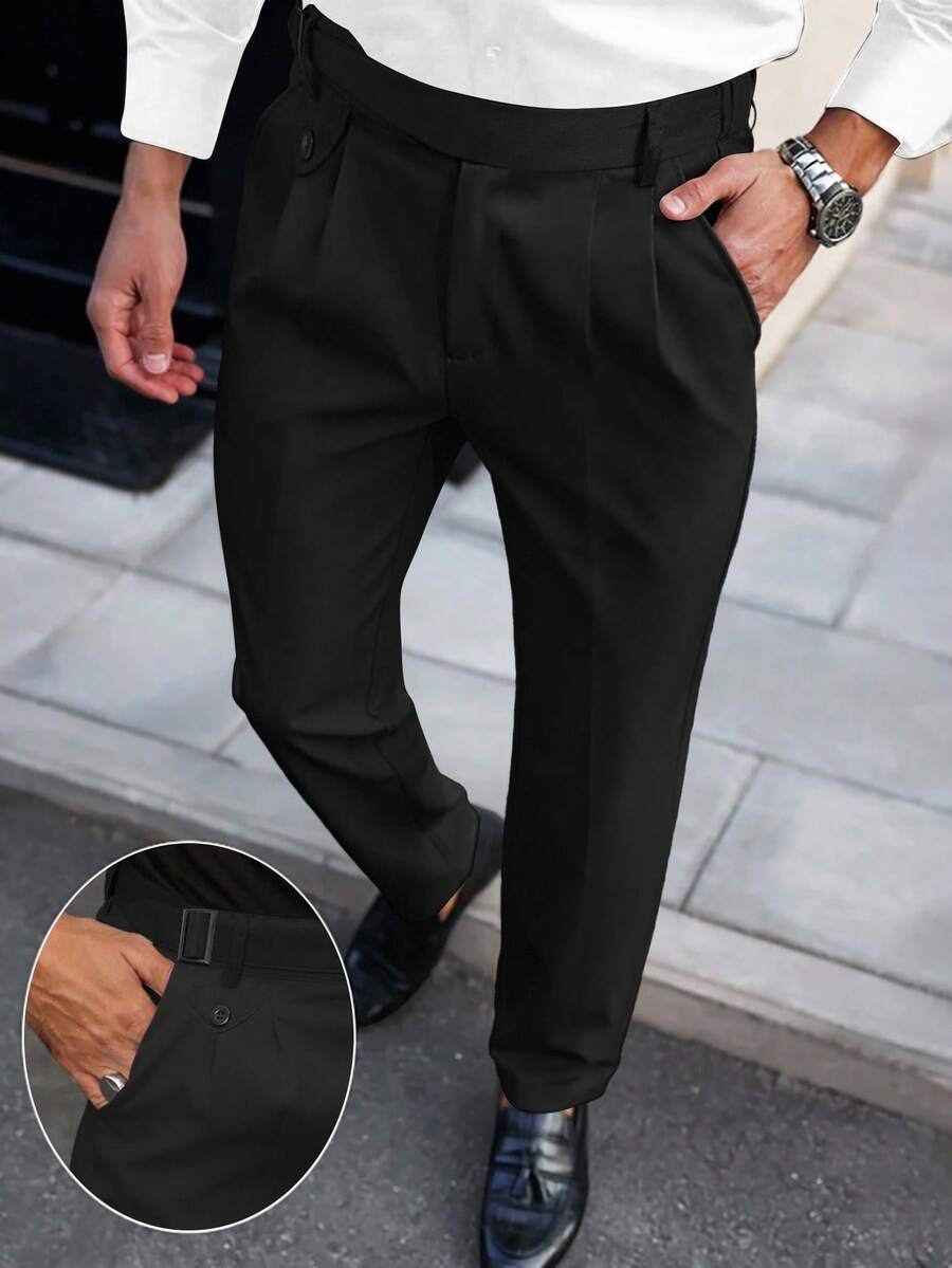 Manfinity Bizformal 男士纯色百搭商务通勤褶裥西装裤 - 黑色 - 查看 1