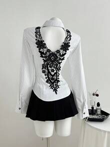 Elamini 1 chiếc áo cánh ren khoét lỗ sọc trắng ôm vừa vặn gợi cảm dành cho nữ, mùa thu - trắng - Xem 2