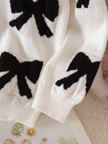 SHEIN Young Girls' Turtleneck Long Sleeve Bow Jacquard Casual Knit Pullover Sweater Fall Winter - White - View 5