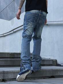 Manfinity EMRG Avant-Garde Men's Medium Wash Wide Leg Denim Jeans With Zipper Detail Long Plain Pattern For Casual Wear - Medium Wash - View 2