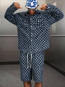 PAVTROS 男士格纹长袖夹克和抽绳腰短裤休闲牛仔套装，秋季 - 藍色 - 查看 6