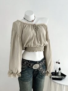 SHEIN Unity 露肩蕾丝拼布灯笼袖衬衫 - 卡其色 - 查看 4