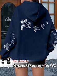 SHEIN CURVE+ Plus Size Women Casual Minimalist Vacation Ocean Life Sea Turtle Print Sweatshirt In Fall/Winter - Navy Blue - View 1