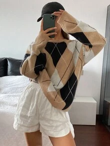 Livesso Pulover de damă în carouri, lejer, casual, cu model geometric, blocuri de culori, potrivit pentru ținute de birou, toamnă/iarnă - Kaki - Vizualizare 3