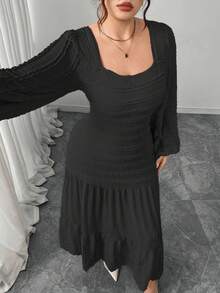 Modelyn Plus Size Women Knitted Long Sleeve Split Square Neck Frill Trim Dress - Black - View 5
