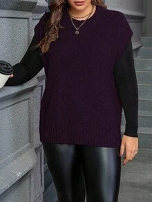 Calvaya Plus Size Casual Solid Color Side Slit Knit Vest, Autumn/Winter - Purple - View 7