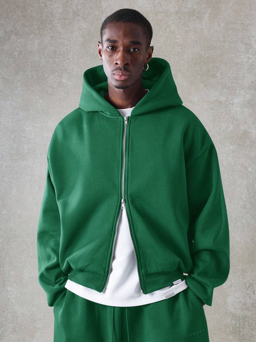 SUMWON 休闲全拉链连帽衫，现代时尚设计，舒适日常穿着，衣橱必备，基础款家居服，街头风，经典保暖冬季叠穿单品 - 綠色 - 查看 1