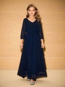 女童雪纺七分袖蝴蝶结连衣裙，适合花童、婚礼、舞会、生日派对、圣诞节、万圣节、返校、毕业典礼 - 藍色 - 查看 3