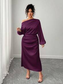 SHEIN Elenzya Plus Size Women Satin Asymmetric Ruffled Cold Shoulder Bodycon A-Line Dress - Purple - View 6