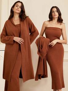 Aveloria Rosie 法式性感柔软温柔优雅开衫+抹胸连衣裙毛衣套装连衣裙毛衣2件套 - 駝色 - 查看 1