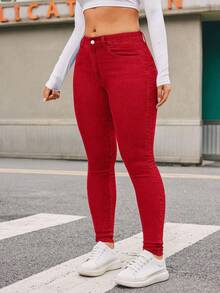 SHEIN ICON 大码女式纯色修身低腰休闲牛仔裤 - 紅色 - 查看 6