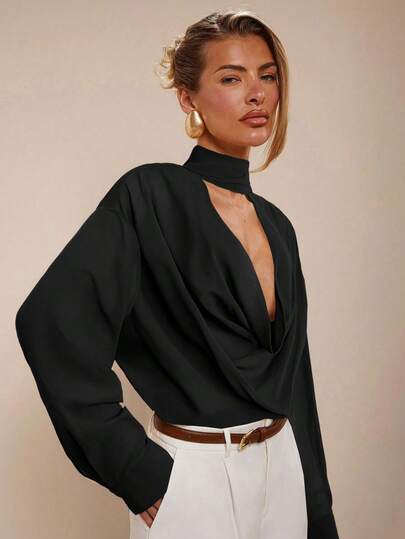 COSMINA Women's Casual Solid Color Cowl Keyhole Neck Loose Top, Spring/Autumn Black Blouse,Black Tops