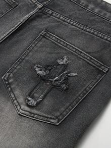 Manfinity EMRG Y2K 复古街头服饰男款浅蓝色水洗牛仔宽腿裤，带星星贴片 - 深灰色 - 查看 4