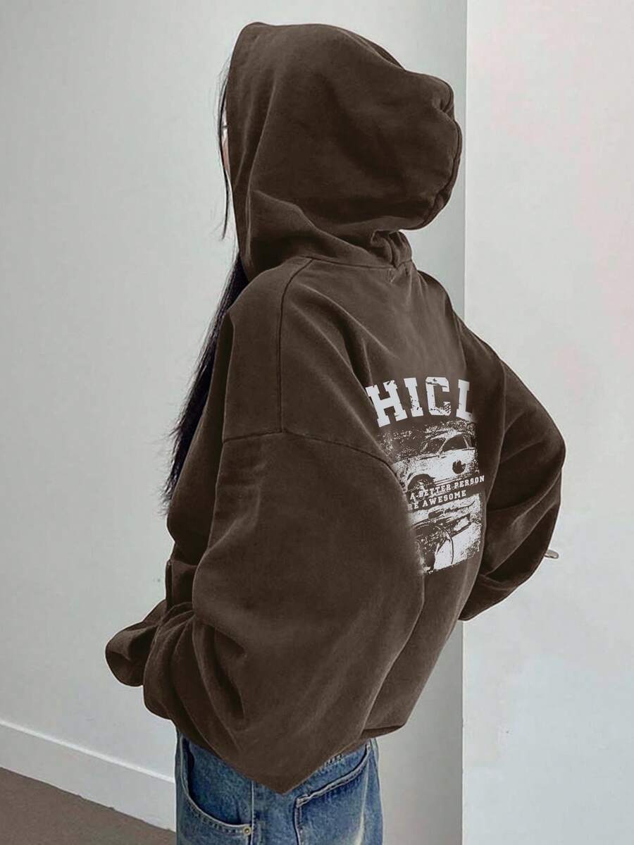 DAZY 女士休闲字母汽车印花落肩卫衣，秋季连帽衫 - 咖啡棕 - 查看 1