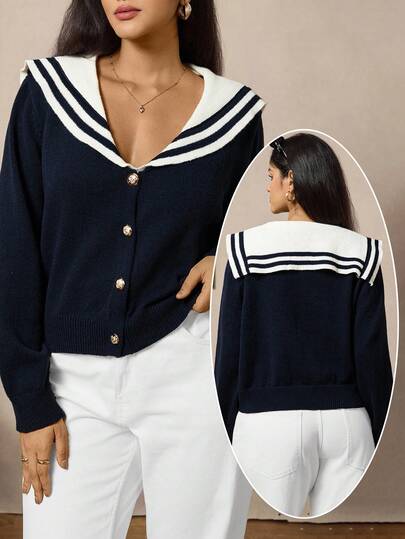 Zelara 大码女式海军蓝领休闲百搭毛衣水手开衫女式学院风开衫女式水手上衣航海风毛衣女式海军蓝开衫女式水手女式学院风上衣女式夏季开衫女式航海风女式学院风女式冬季新年