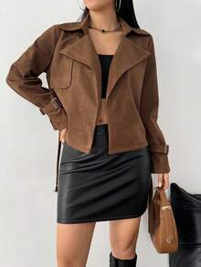 Aidyla Elegancka, modna krótka kurtka damska z długim rękawem i klapami ze sztucznego zamszu z paskiem