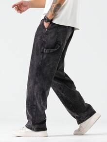 Manfinity Hypemode 男士休闲日常斜口袋宽松直筒牛仔裤 - 灰色 - 查看 8