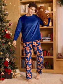 CoupledUp Cute Christmas Pattern Cozy Men Fluffy Pajama Set, Fall Winter Clothes - Multicolor - View 3