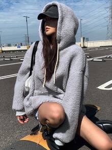 DAZY 女士宽松连帽加厚羊毛夹克，休闲高端外套，冬季女式大衣 - 藍色 - 查看 6