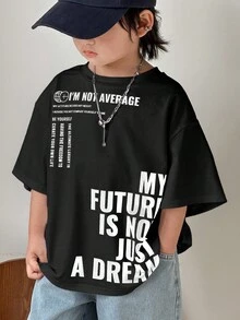 SHEIN Young Boys' Casual Korean Style Letter & Graphic Print Crew Neck Short Sleeve Knit White T-Shirt, Suitable For Commuting, School, Daily Casual, Vacation, Sports, Spring, Summer, Autumn, Winter Seasons