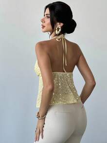 Firerie 女士优雅精致浪漫度假性感新款V领透明露背奶油黄色吊带背心上衣 - 黃色 - 查看 9