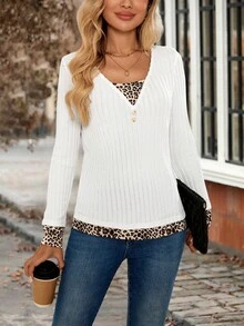 SHEIN LUNE Women's Leopard Print Patchwork Button Design Long Sleeve Casual Ribbed T-Shirt - White - View 6
