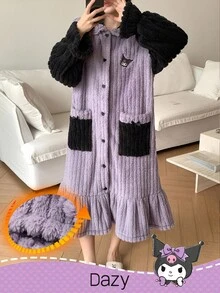 HELLO KITTY AND FRIENDS | SHEIN DAZY 女士加厚抓绒卡通图案刺绣撞色荷叶边连帽长款宽松睡袍，冬季蓬松睡衣 - 紫色 - 查看 2