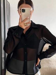 Siren Gaze 透明纽扣前衬衫（无胸罩）、长袖上衣 - 黑色 - 查看 7