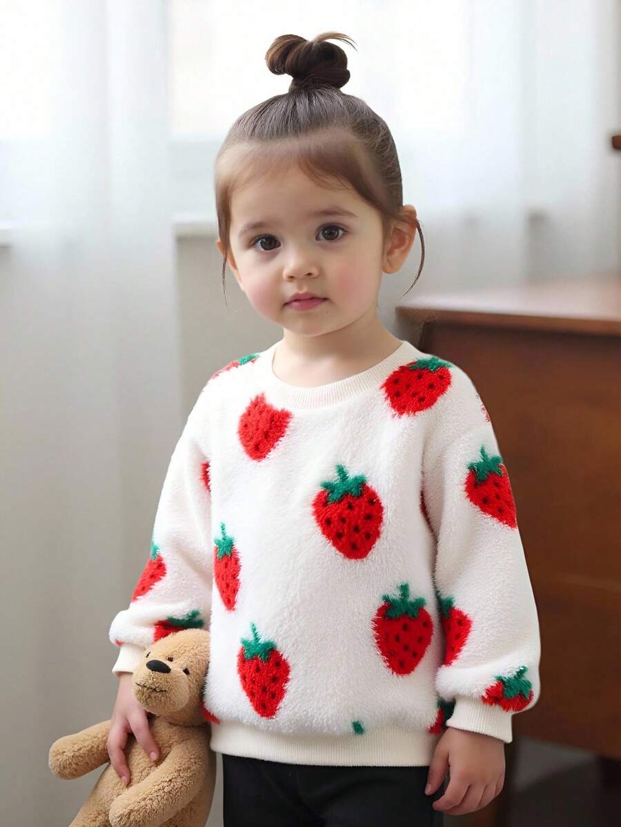 Cozy Pixies Baby Girl Strawberry Pattern Thermal Lined Crew Neck Long Sleeve Pullover Sweatshirt, Autumn/Winter Fall