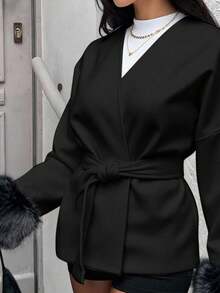 SHEIN EZwear 女士休闲纯色长袖外套，秋冬季短款套装 - 黑色 - 查看 7