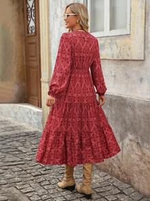 Brillora 女式波西米亚风格印花圆领收腰喇叭形 A 字连衣裙，适合秋冬季外出度假 - 紅色 - 查看 2