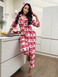 SHEIN 女士法兰绒圣诞鹿印花可爱连帽蓬松连体衣，冬季保暖舒适 - 紅色 - 查看 6