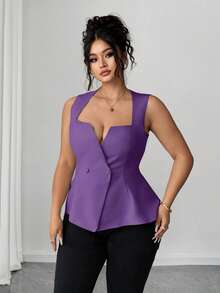 Elenzga Plus Size Women's Notched Deep V-Neck Button Elegant Fitted Blouse - Purple - View 3