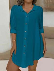 EMERY ROSE Plus Size Women's Long Sleeve Light Blue Casual Shirt Fall - Teal Blue - View 4