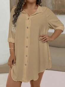 EMERY ROSE Chemise décontractée à manches longues de couleur unie grande taille