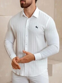 Manfinity Mode Áo sơ mi công sở dài tay màu trắng, vải jacquard gợn sóng độc đáo, thoải mái, tối giản và thanh lịch, phù hợp mặc đi làm hoặc thường ngày, mùa thu - trắng - Xem 1
