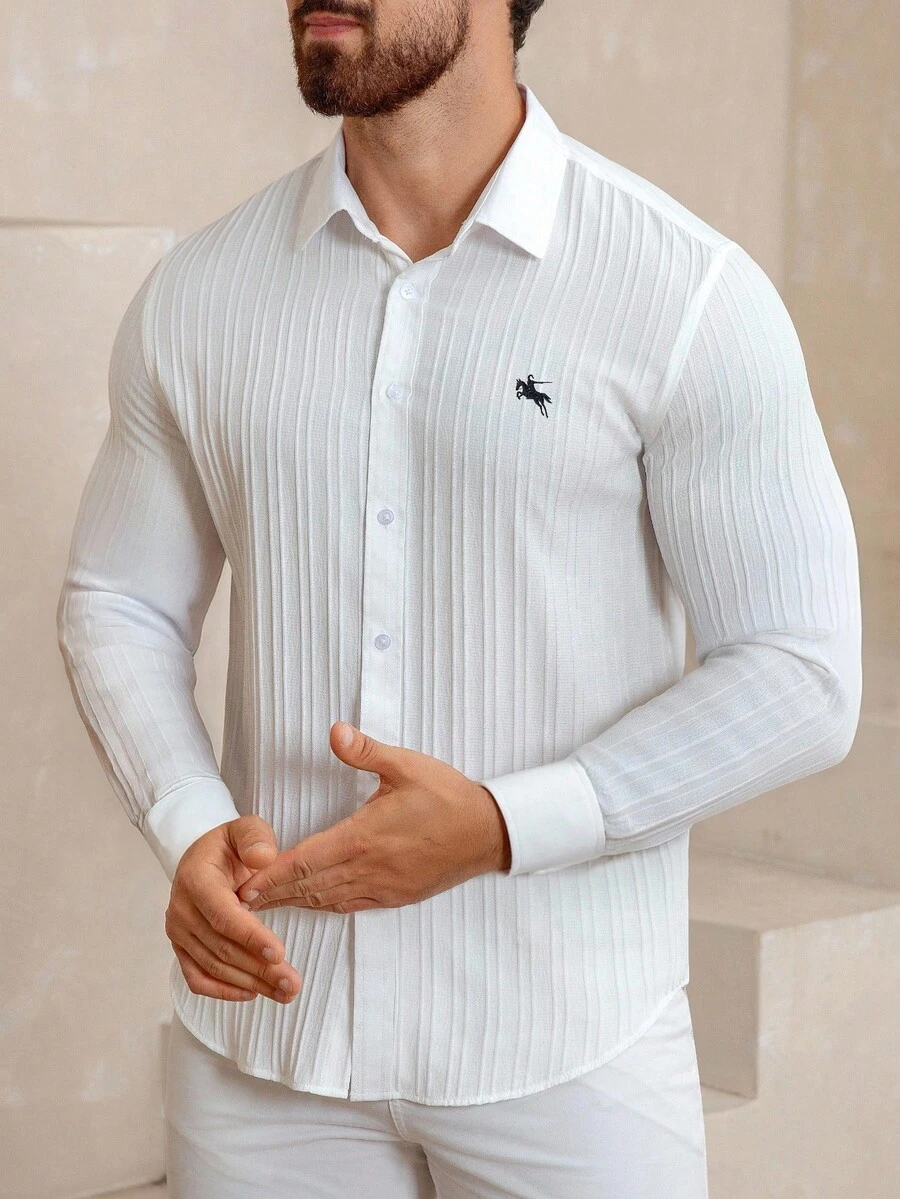 Manfinity Mode Áo sơ mi công sở dài tay màu trắng, vải jacquard gợn sóng độc đáo, thoải mái, tối giản và thanh lịch, phù hợp mặc đi làm hoặc thường ngày, mùa thu - trắng - Xem 1