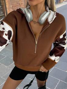 EMERY ROSE Autumn And Winter Fashion Women's Hooded Cow Pattern Print Color Block Half Open Collar Zipper Ribbed Loose Sweatshirt, Fashionable Out - Multicolor - View 3