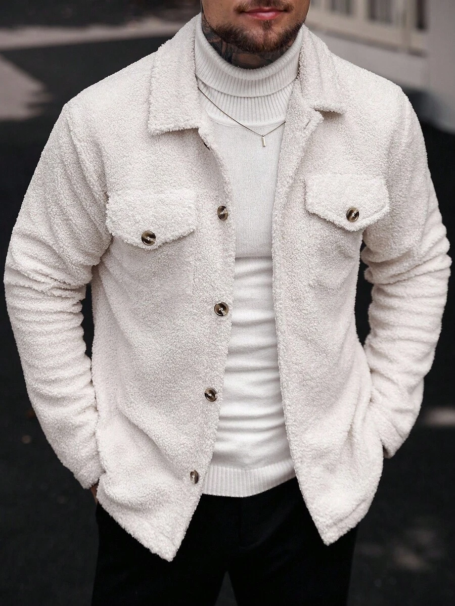 Manfinity Homme 男士休闲纯色绒毛外套，适合秋冬季节，男士法兰绒，冬季男士夹克，外出保暖长袖外套，送给朋友、丈夫、男友的礼物，奶油色男士针织纽扣毛衣外套，男士衬衫式毛衣 - 杏色 - 查看 1