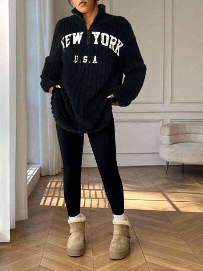 SHEIN EZwear 2 件套女士休闲保暖内衬字母印花拉链连帽衫和裤子套装，黑色，秋冬连帽衫和运动裤套装，居家工作装，Y2k 秋季两件套休闲套装，女士纽约装，女士舒适装