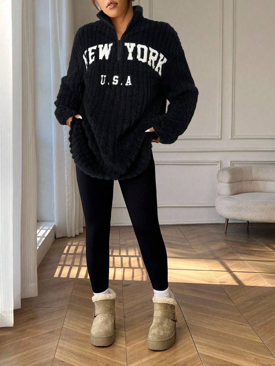 SHEIN EZwear 2 Stücke/Set Lässiger Buchstaben-Muster Reißverschluss Fleece Hoodie und anliegende Yoga Hose, vielseitig in Große Größen, Herbst/Winter - Schwarz - Übersicht 1