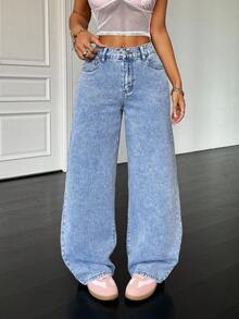 SHEIN PETITE PETITE 90s , Women's Basic Casual Loose Blue Denim Pants, Bow Jeans, Homecoming Jeans, Korean Fashion, Baggy Women Jeans, Jeans With Bow, Tall Women Jeans - Light Wash - View 4