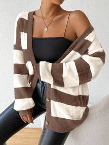 Chiquease Autumn/Winter New Design Striped Faux Mink Fleece Cardigan Sweater For Women - Brown - View 3